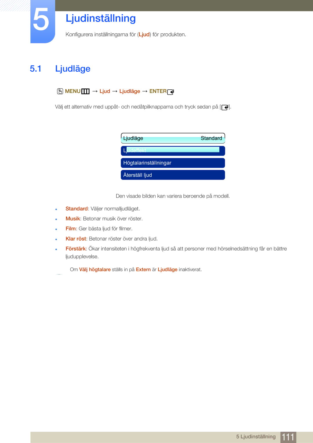 Samsung LH32MDBPLGC/EN, LH55MDBPLGC/EN, LH40MDBPLGC/EN, LH46MDBPLGC/EN manual Ljudinställning, MENUm Ljud Ljudläge Enter 