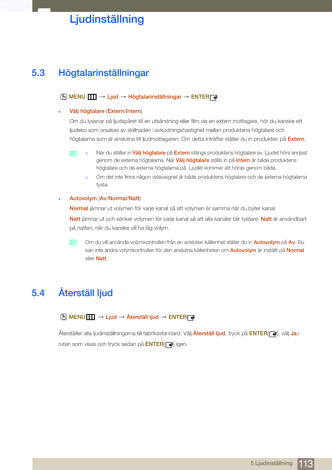 Samsung LH40MDBPLGC/EN manual Högtalarinställningar,  Autovolym Av/Normal/Natt, MENUm Ljud Återställ ljud Enter 