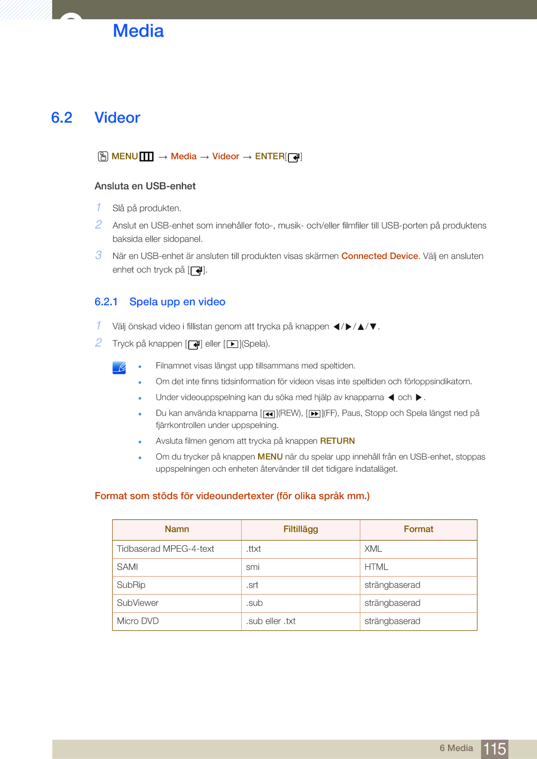 Samsung LH32MDBPLGC/EN manual Videor, Spela upp en video, Format som stöds för videoundertexter för olika språk mm 