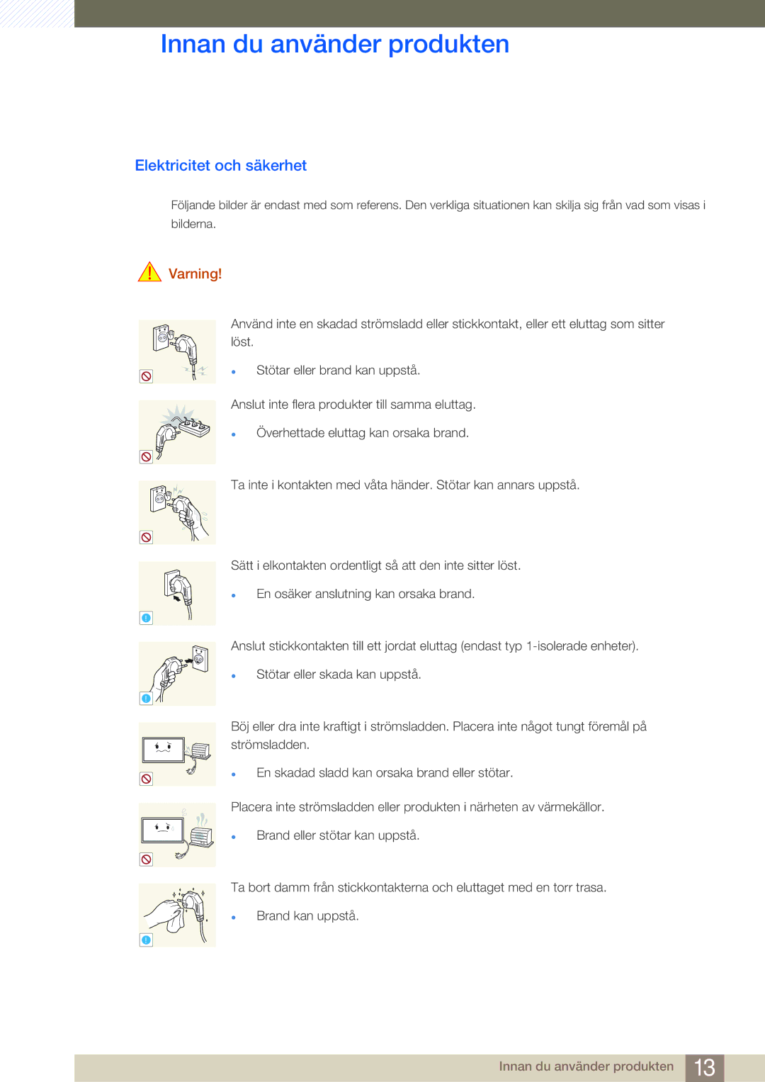 Samsung LH40MDBPLGC/EN, LH55MDBPLGC/EN, LH46MDBPLGC/EN, LH32MDBPLGC/EN manual Elektricitet och säkerhet, Varning 