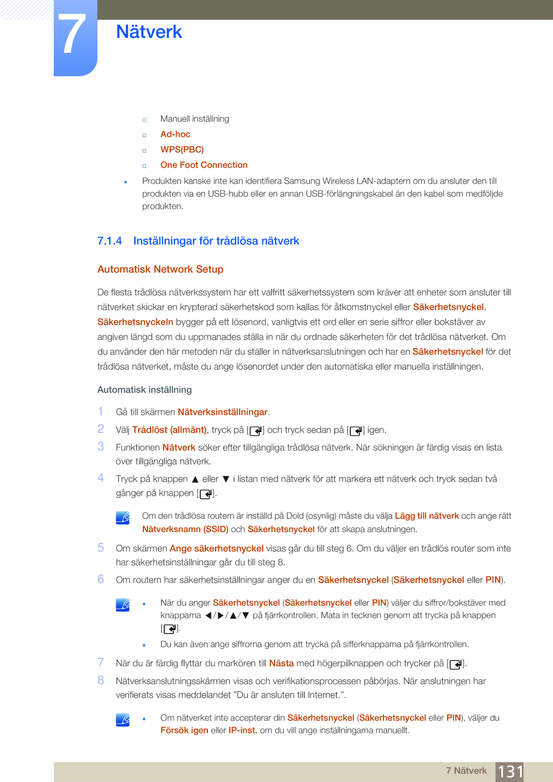 Samsung LH32MDBPLGC/EN manual Inställningar för trådlösa nätverk, Automatisk Network Setup, Ad-hoc, One Foot Connection 