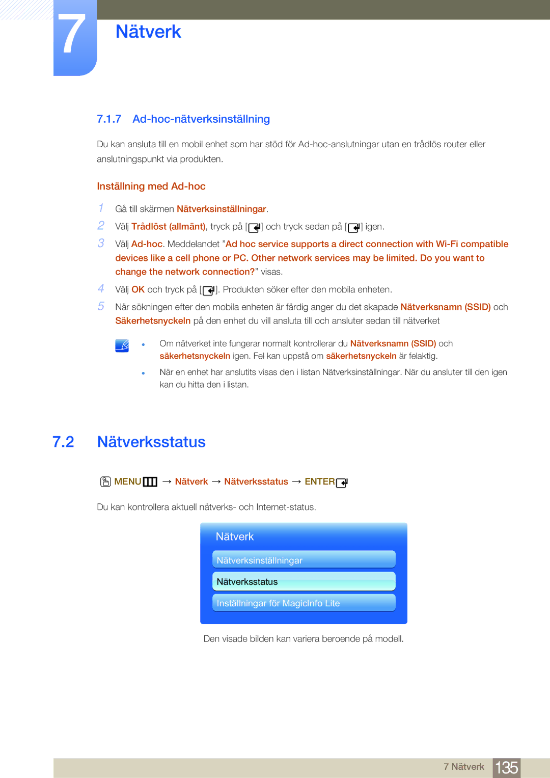 Samsung LH32MDBPLGC/EN, LH55MDBPLGC/EN, LH40MDBPLGC/EN Nätverksstatus, Ad-hoc-nätverksinställning, Inställning med Ad-hoc 