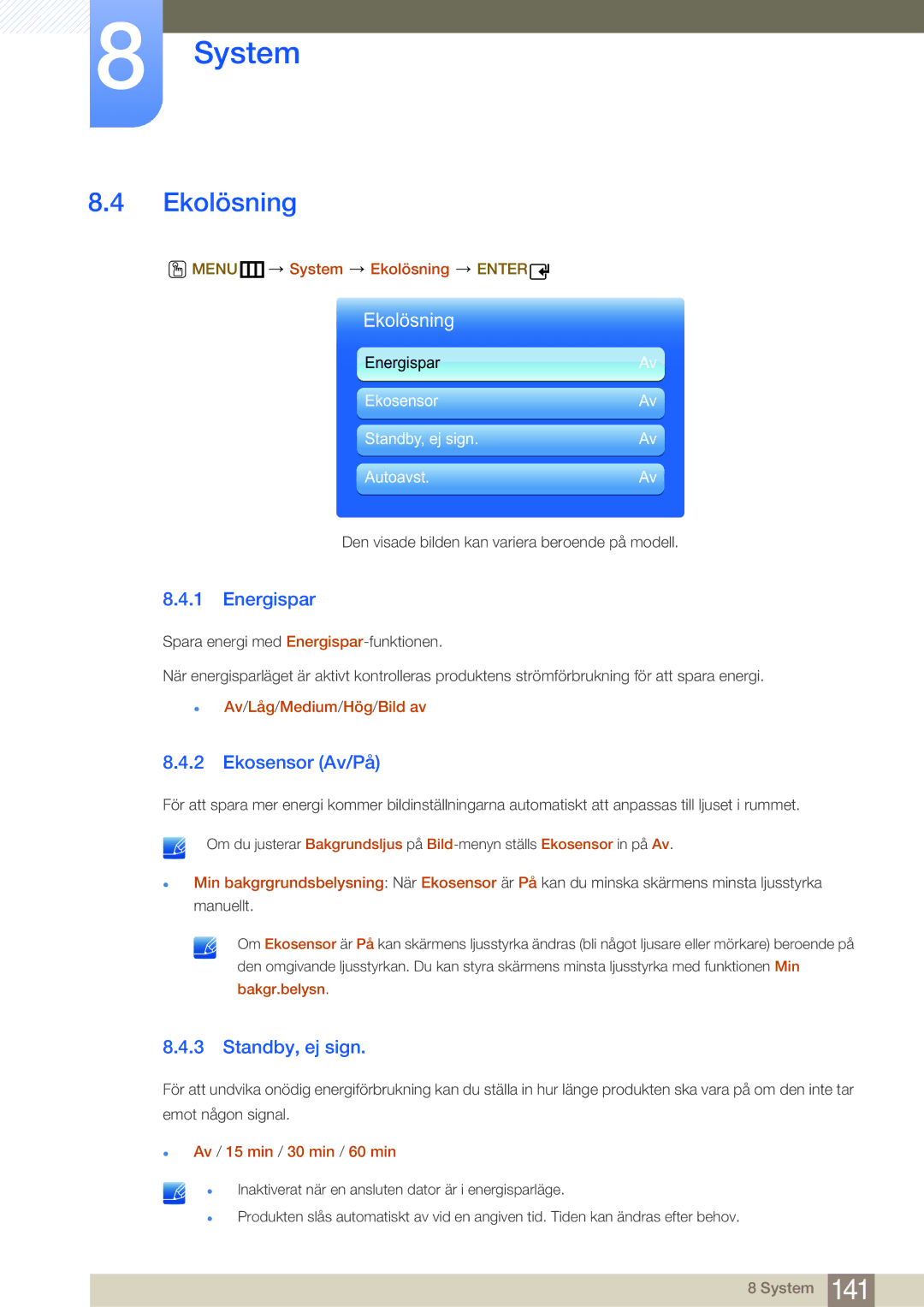 Samsung LH40MDBPLGC/EN, LH55MDBPLGC/EN, LH46MDBPLGC/EN manual Ekolösning, Energispar, Ekosensor Av/På, Standby, ej sign 