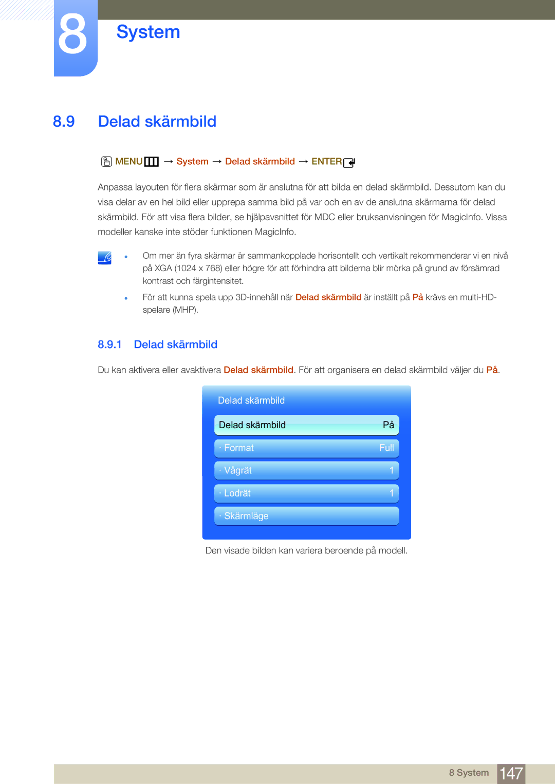 Samsung LH32MDBPLGC/EN, LH55MDBPLGC/EN, LH40MDBPLGC/EN, LH46MDBPLGC/EN manual MENUm System Delad skärmbild Enter 