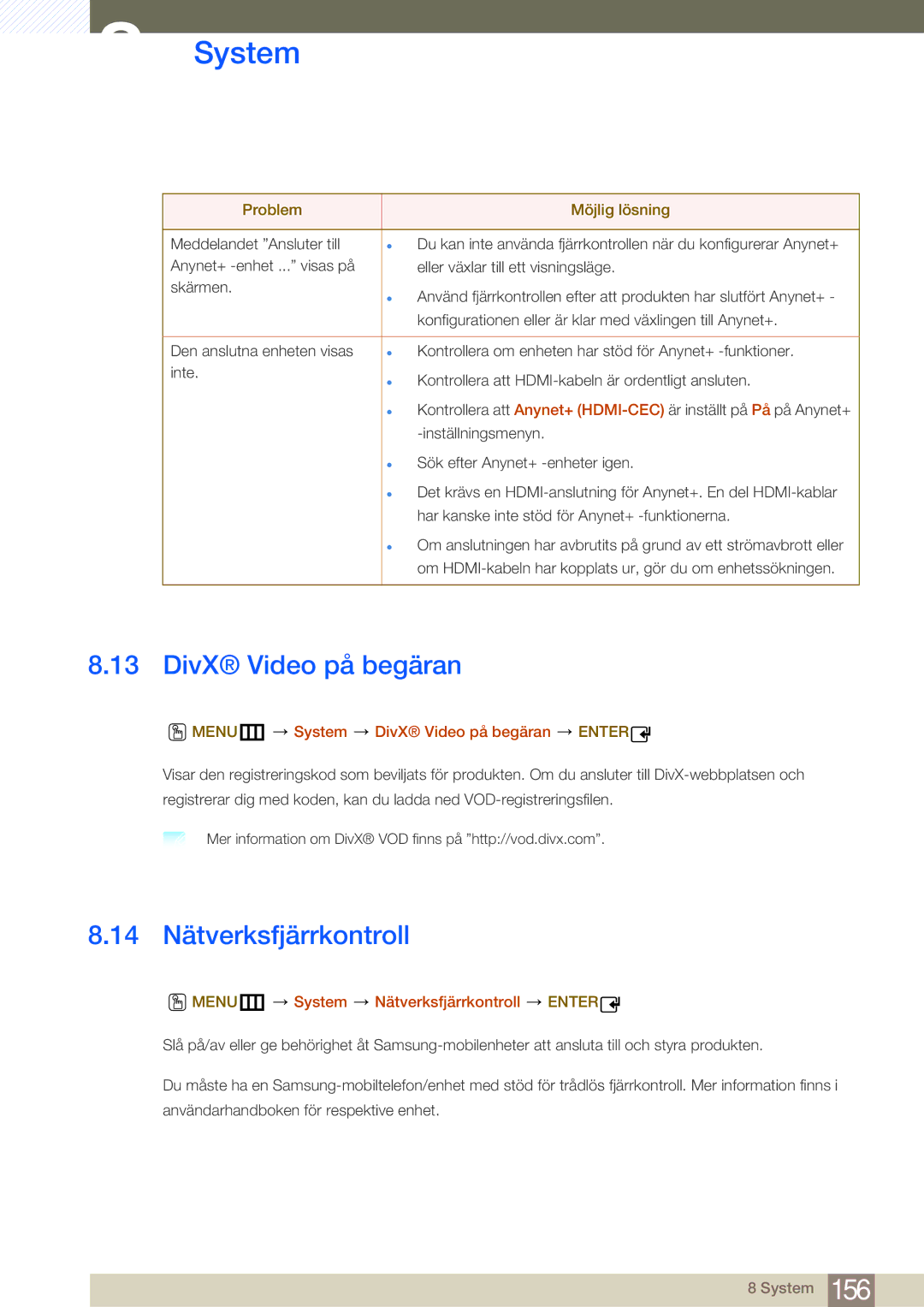 Samsung LH55MDBPLGC/EN, LH40MDBPLGC/EN manual 14 Nätverksfjärrkontroll, MENUm System DivX Video på begäran Enter 