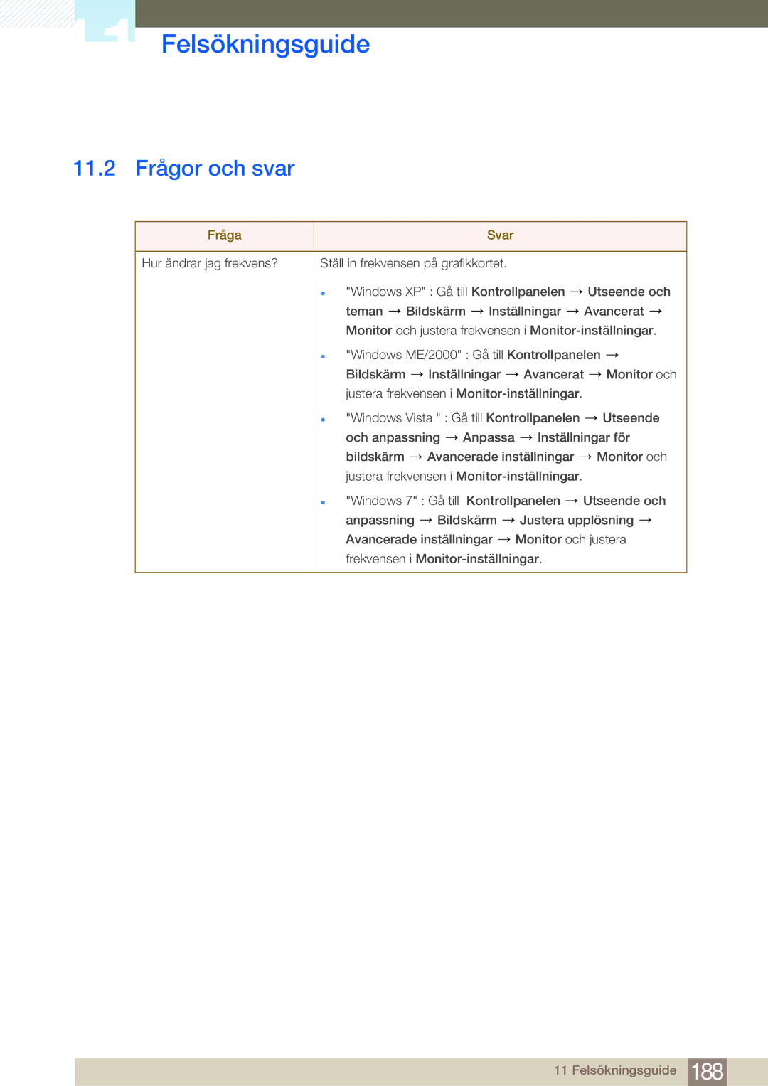 Samsung LH55MDBPLGC/EN, LH40MDBPLGC/EN, LH46MDBPLGC/EN, LH32MDBPLGC/EN manual 11.2 Frågor och svar, Fråga Svar 