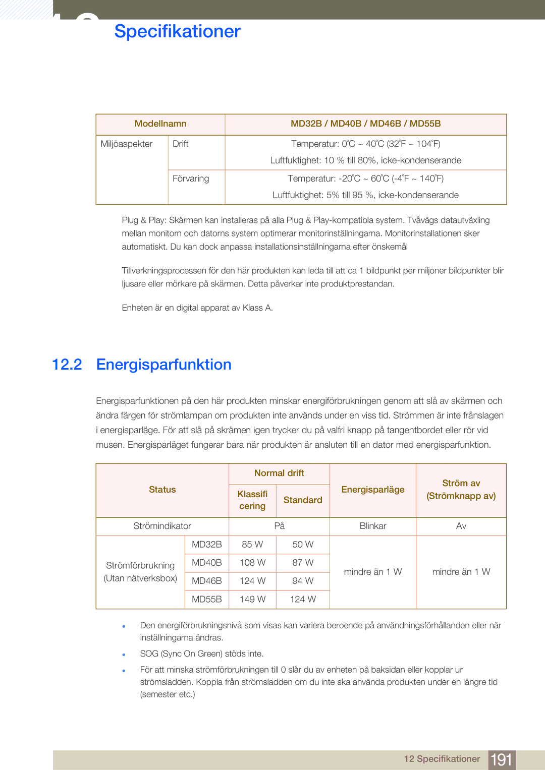 Samsung LH32MDBPLGC/EN, LH55MDBPLGC/EN, LH40MDBPLGC/EN, LH46MDBPLGC/EN manual Energisparfunktion, Förvaring 