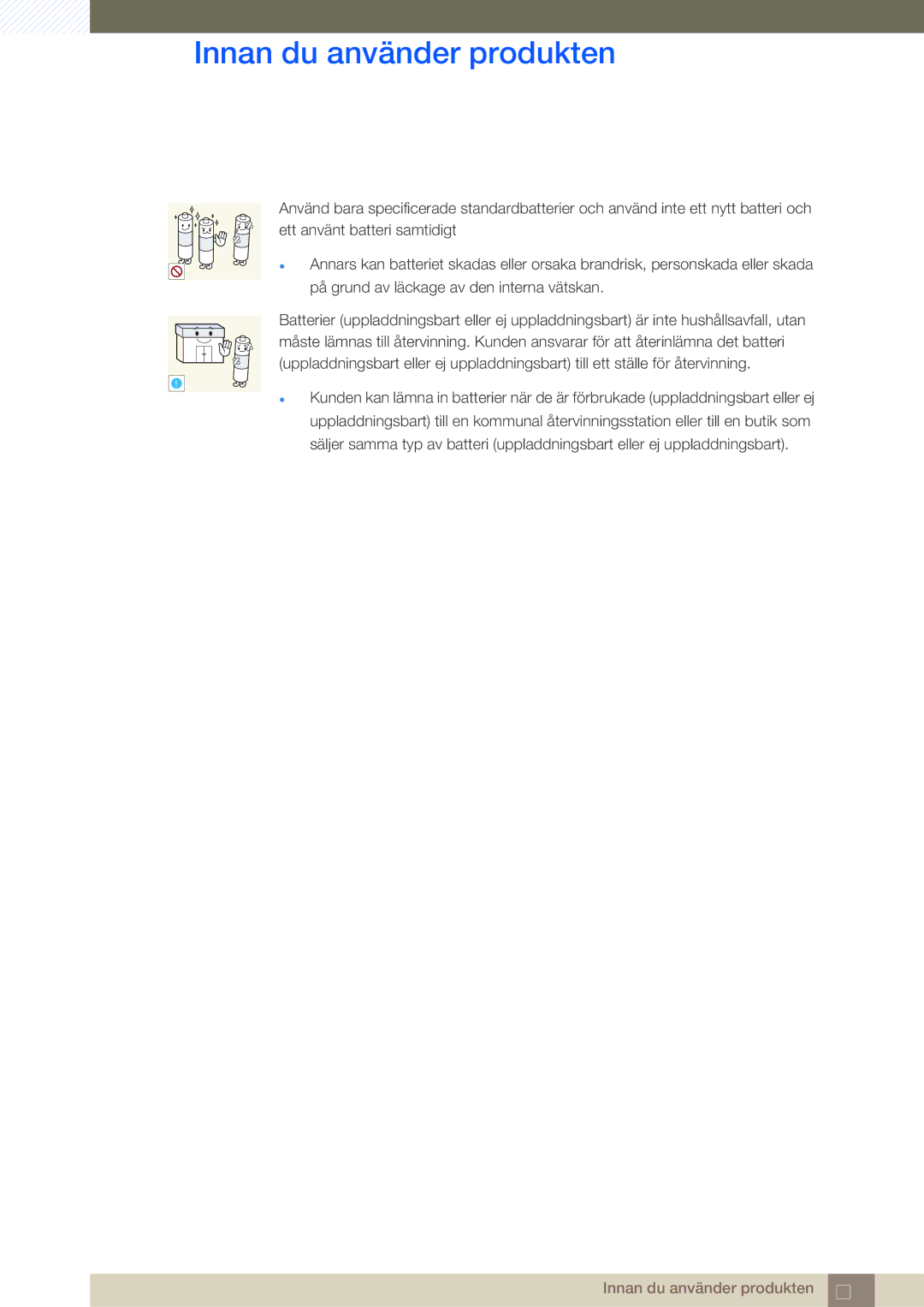 Samsung LH55MDBPLGC/EN, LH40MDBPLGC/EN, LH46MDBPLGC/EN, LH32MDBPLGC/EN manual Innan du använder produkten 