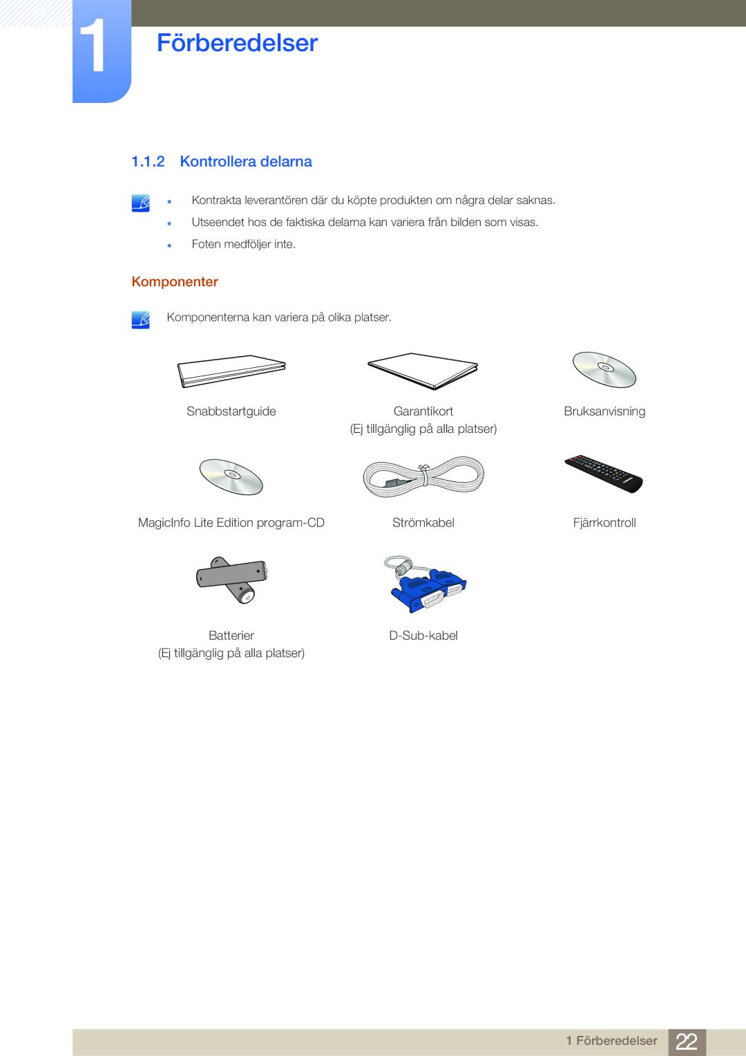 Samsung LH46MDBPLGC/EN, LH55MDBPLGC/EN, LH40MDBPLGC/EN, LH32MDBPLGC/EN manual Kontrollera delarna, Komponenter 