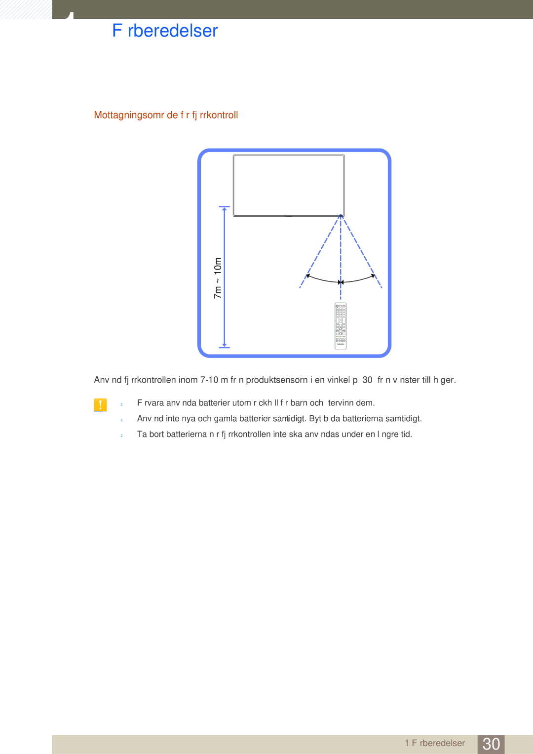 Samsung LH46MDBPLGC/EN, LH55MDBPLGC/EN, LH40MDBPLGC/EN, LH32MDBPLGC/EN manual Mottagningsområde för fjärrkontroll, 7m ~ 10m 