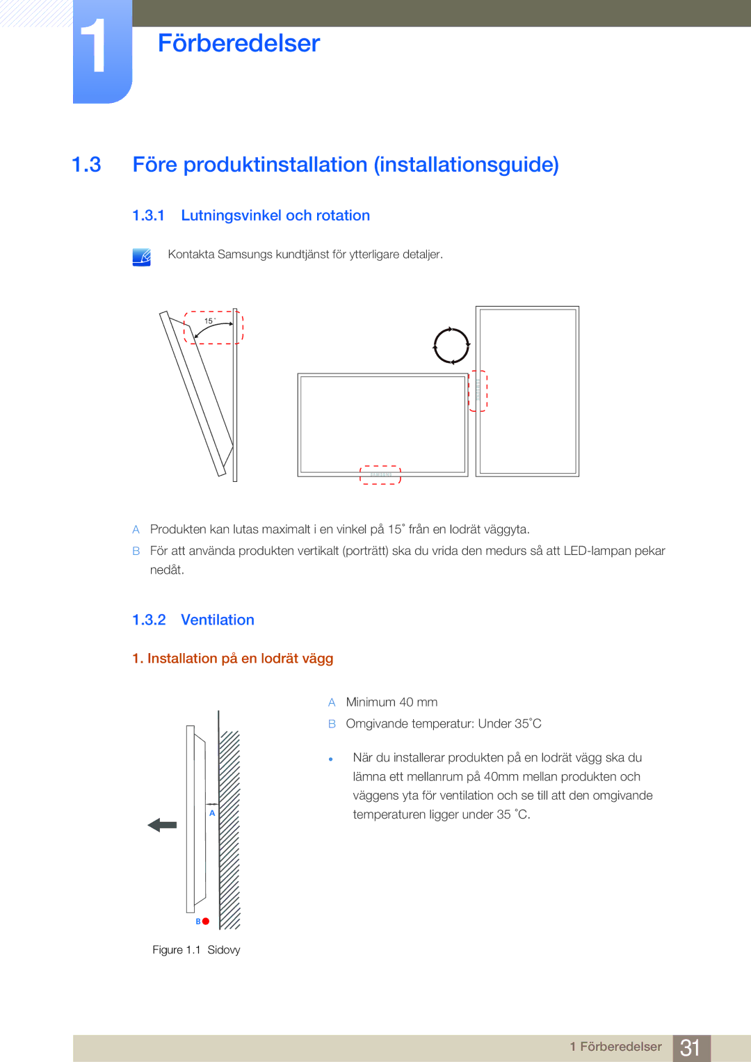 Samsung LH32MDBPLGC/EN manual Före produktinstallation installationsguide, Lutningsvinkel och rotation, Ventilation 