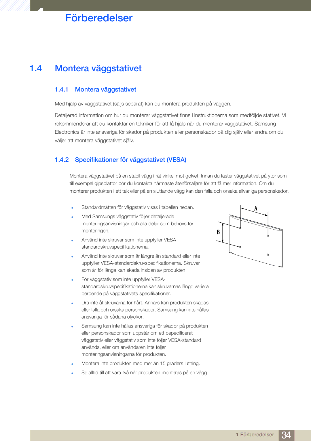 Samsung LH46MDBPLGC/EN, LH55MDBPLGC/EN, LH40MDBPLGC/EN manual Montera väggstativet, Specifikationer för väggstativet Vesa 