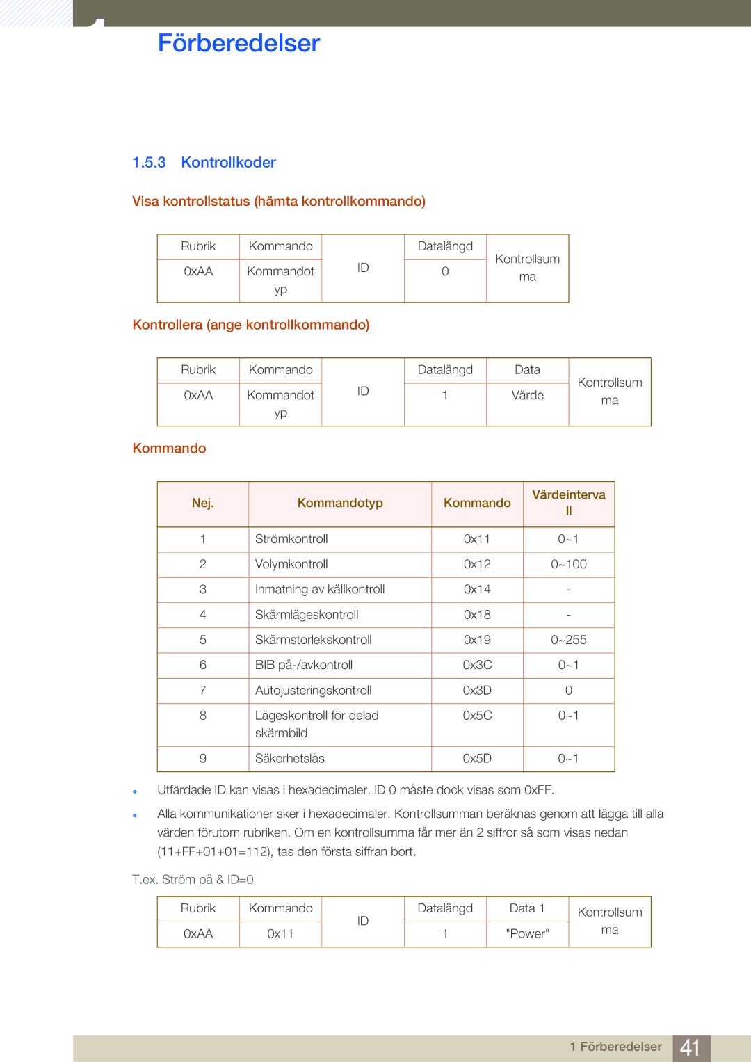 Samsung LH40MDBPLGC/EN manual Kontrollkoder, Visa kontrollstatus hämta kontrollkommando, Kontrollera ange kontrollkommando 