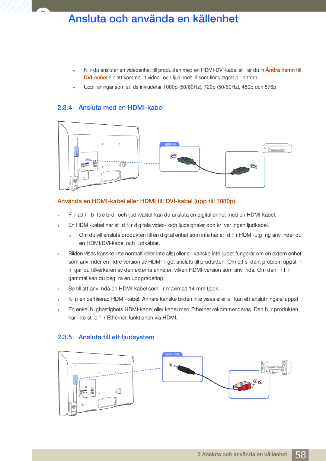 Samsung LH46MDBPLGC/EN, LH55MDBPLGC/EN, LH40MDBPLGC/EN manual Ansluta med en HDMI-kabel, Ansluta till ett ljudsystem 