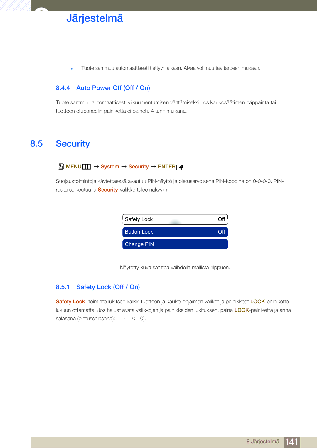 Samsung LH40MDBPLGC/EN, LH55MDBPLGC/EN manual Auto Power Off Off / On, Safety Lock Off / On, MENUm System Security Enter 