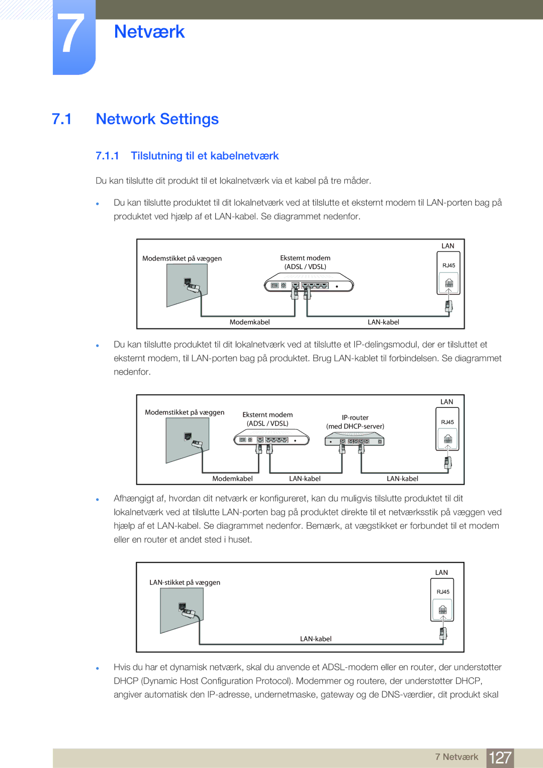 Samsung LH32MDBPLGC/EN, LH55MDBPLGC/EN, LH40MDBPLGC/EN manual Netværk, Network Settings, Tilslutning til et kabelnetværk 