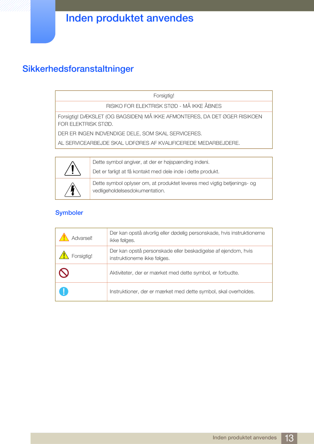 Samsung LH40MDBPLGC/EN, LH55MDBPLGC/EN, LH46MDBPLGC/EN, LH32MDBPLGC/EN manual Sikkerhedsforanstaltninger, Symboler 