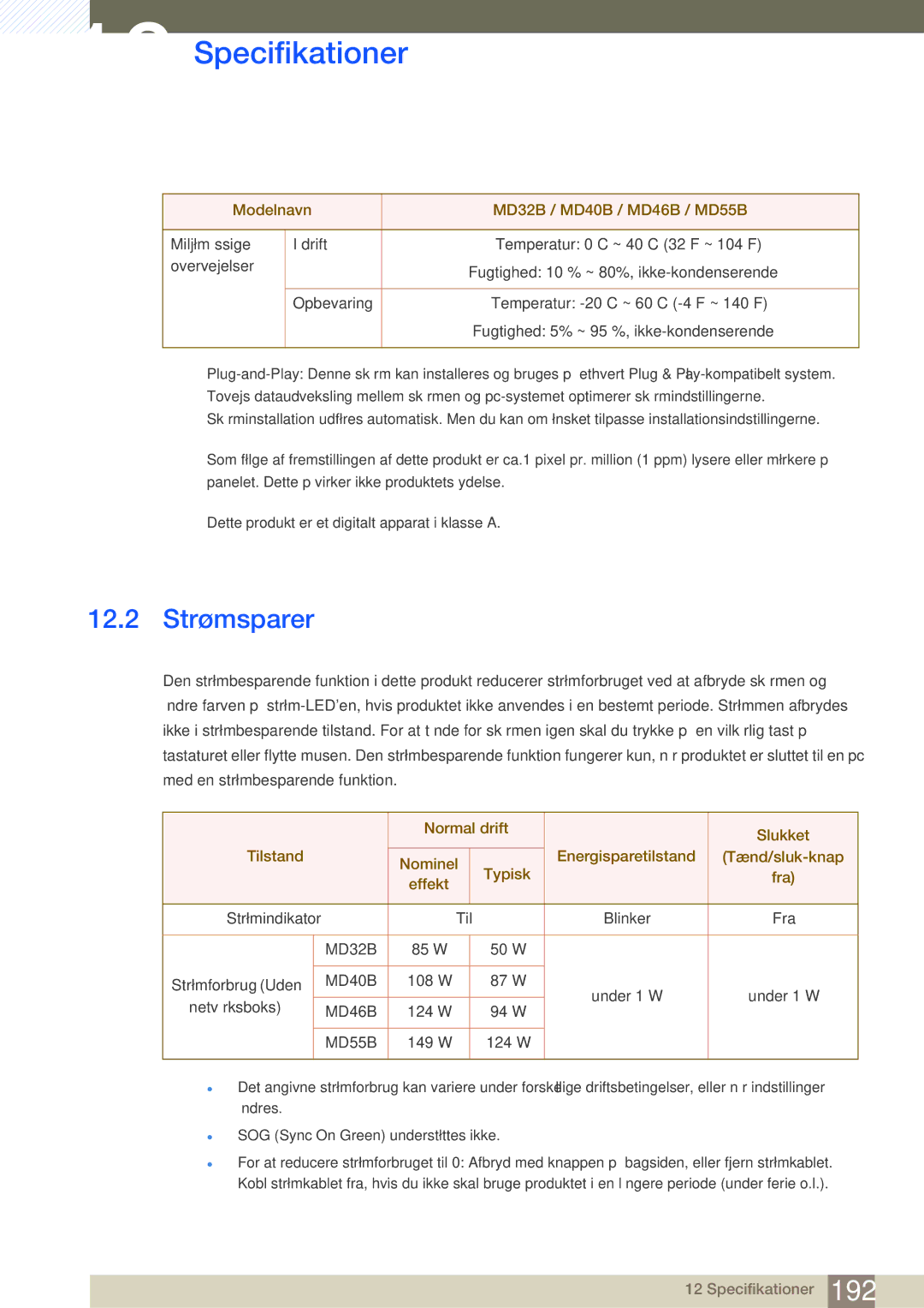 Samsung LH55MDBPLGC/EN, LH40MDBPLGC/EN, LH46MDBPLGC/EN manual 12.2 Strømsparer, Fugtighed 5% ~ 95 %, ikke-kondenserende 