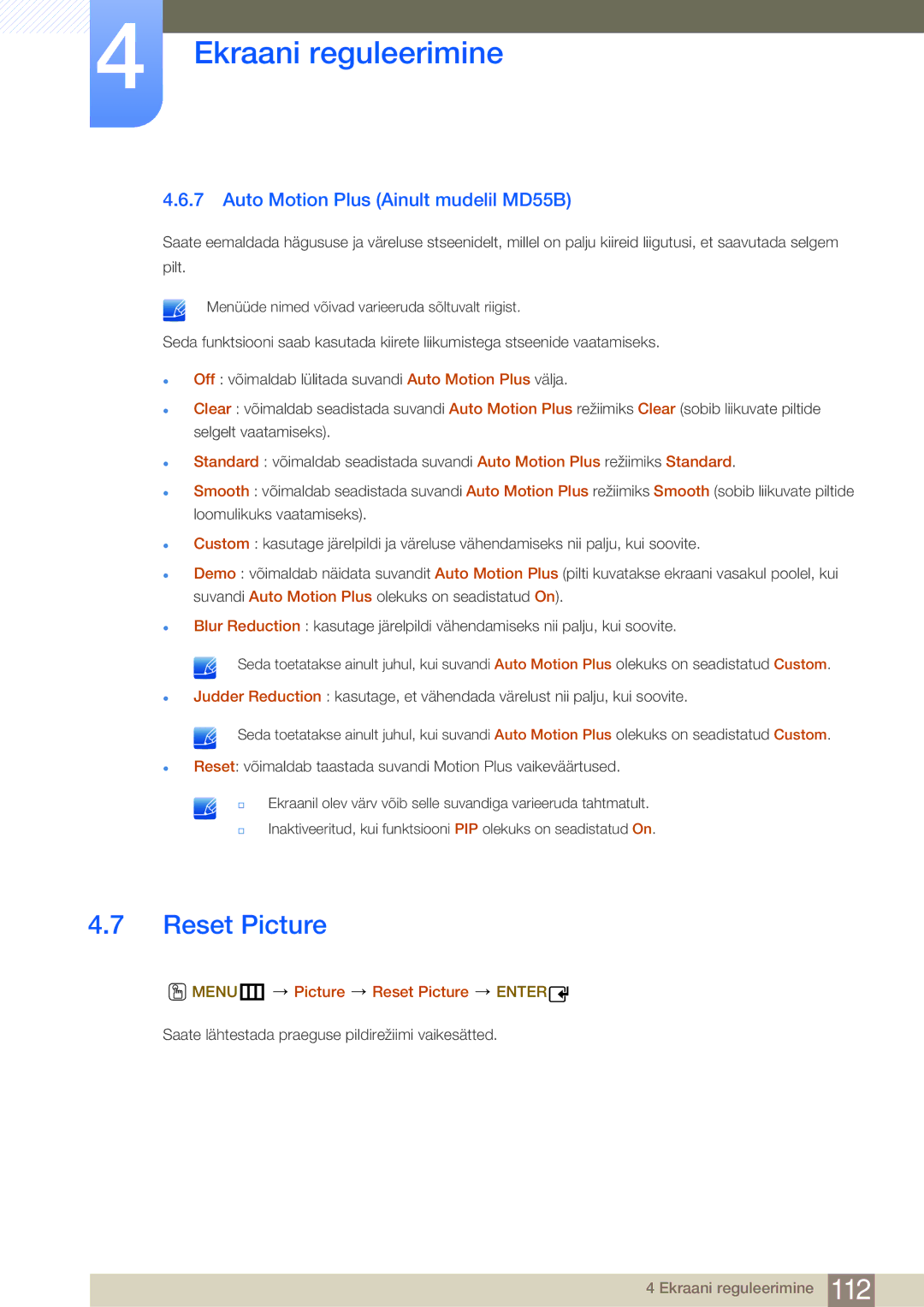 Samsung LH55MDBPLGC/EN, LH40MDBPLGC/EN manual Auto Motion Plus Ainult mudelil MD55B, MENUm Picture Reset Picture Enter 