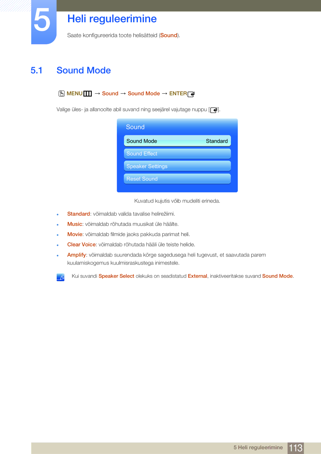 Samsung LH40MDBPLGC/EN, LH55MDBPLGC/EN, LH46MDBPLGC/EN, LH32MDBPLGC/EN Heli reguleerimine, MENUm Sound Sound Mode Enter 