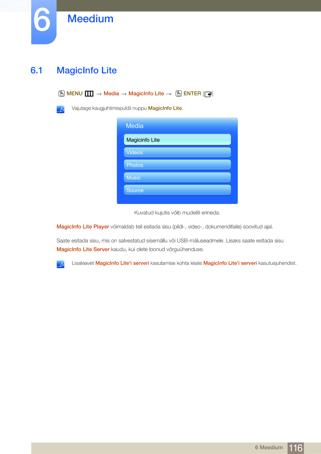 Samsung LH55MDBPLGC/EN, LH40MDBPLGC/EN, LH46MDBPLGC/EN, LH32MDBPLGC/EN manual Meedium, Menu m Media MagicInfo Lite O Enter 