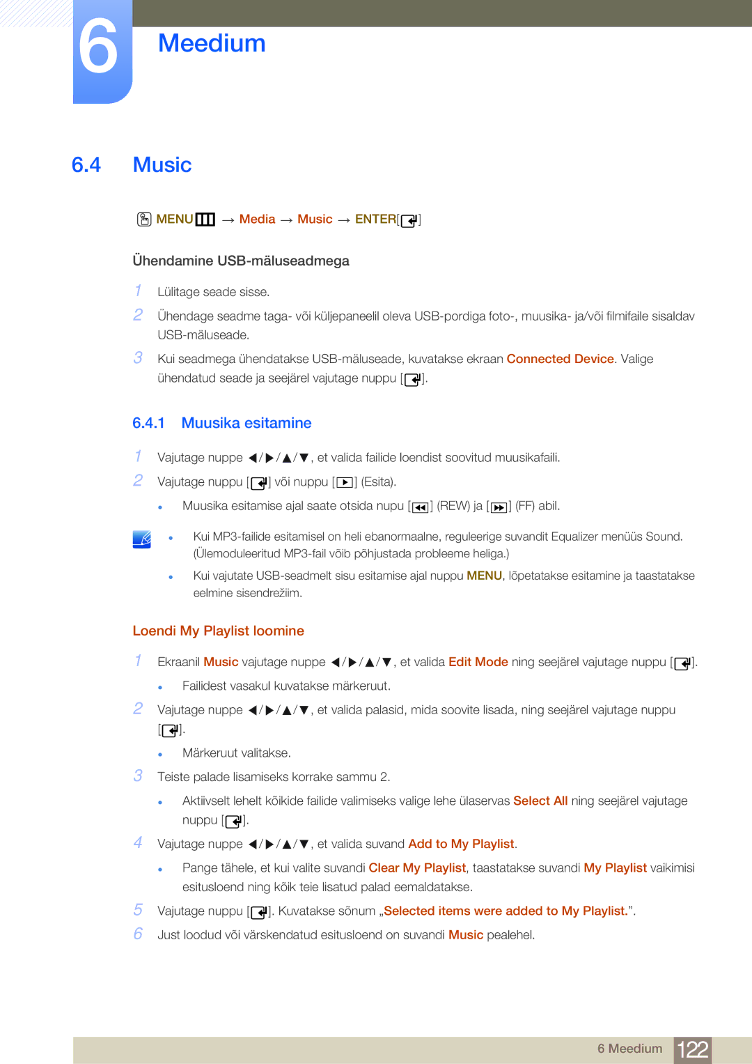 Samsung LH46MDBPLGC/EN, LH55MDBPLGC/EN manual Muusika esitamine, Loendi My Playlist loomine, MENUm Media Music Enter 
