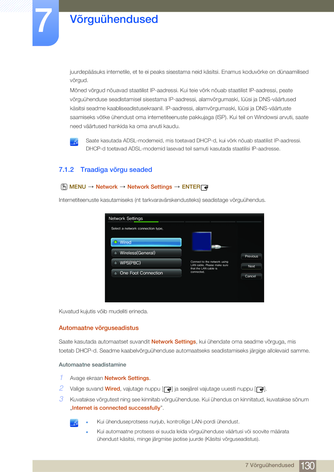 Samsung LH46MDBPLGC/EN manual Traadiga võrgu seaded, Automaatne võrguseadistus, Menu Network Network Settings Enter 