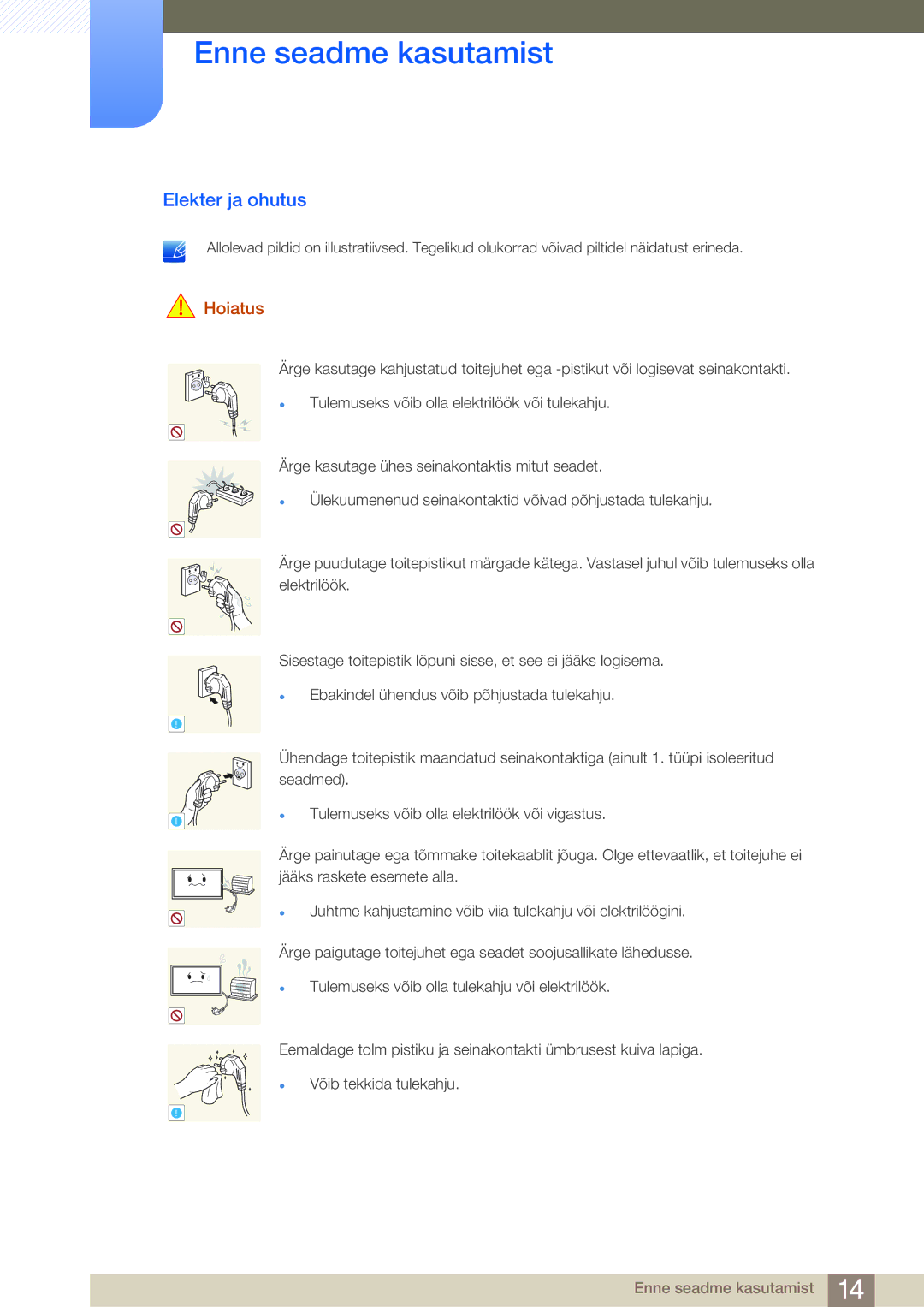 Samsung LH46MDBPLGC/EN, LH55MDBPLGC/EN, LH40MDBPLGC/EN, LH32MDBPLGC/EN manual Elekter ja ohutus, Hoiatus 