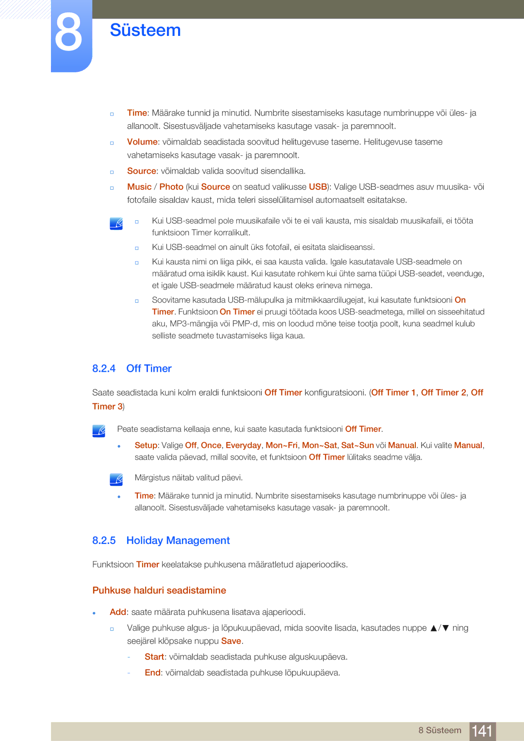 Samsung LH40MDBPLGC/EN, LH55MDBPLGC/EN, LH46MDBPLGC/EN manual Off Timer, Holiday Management, Puhkuse halduri seadistamine 