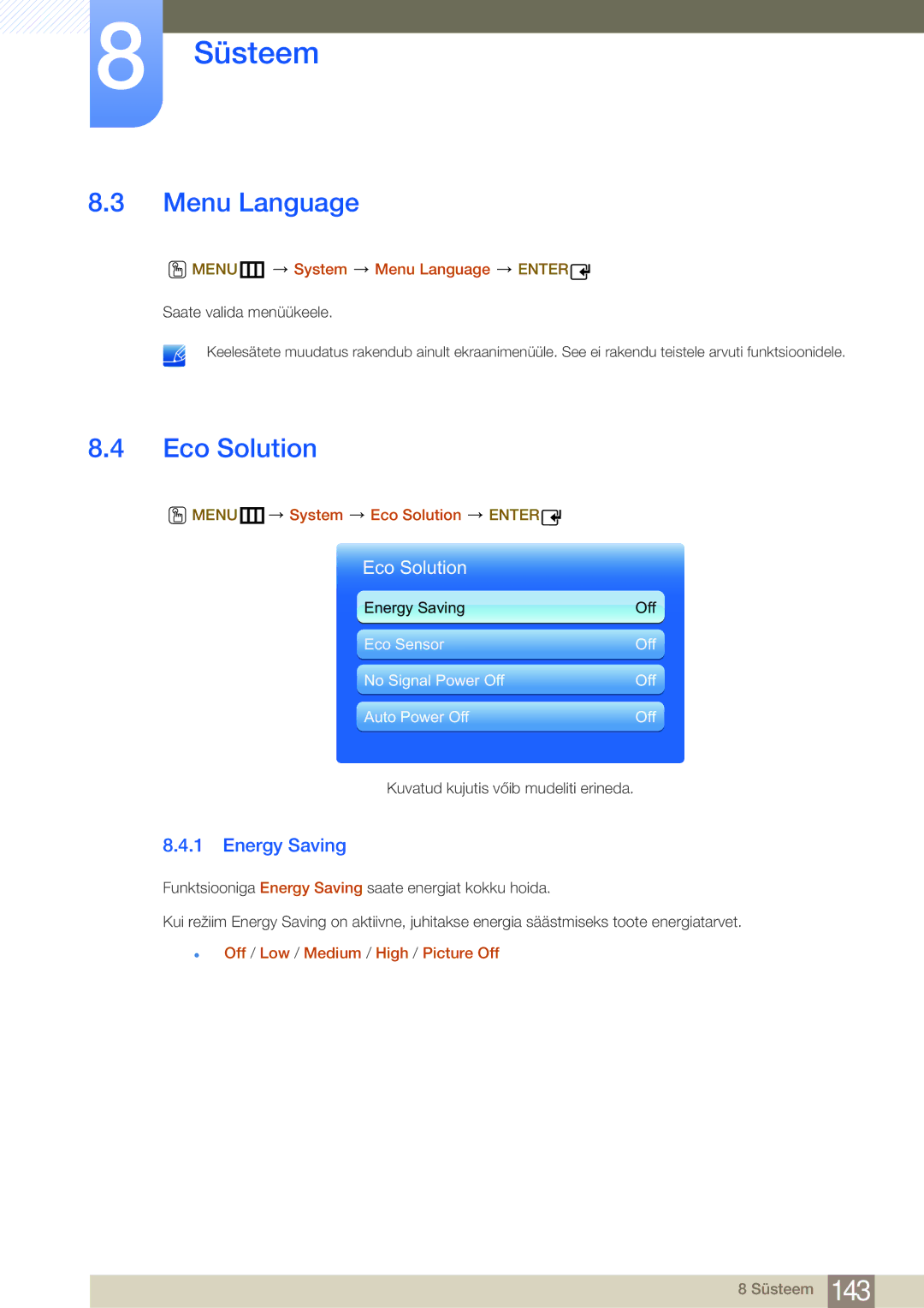 Samsung LH32MDBPLGC/EN, LH55MDBPLGC/EN, LH40MDBPLGC/EN, LH46MDBPLGC/EN manual Menu Language, Eco Solution, Energy Saving 