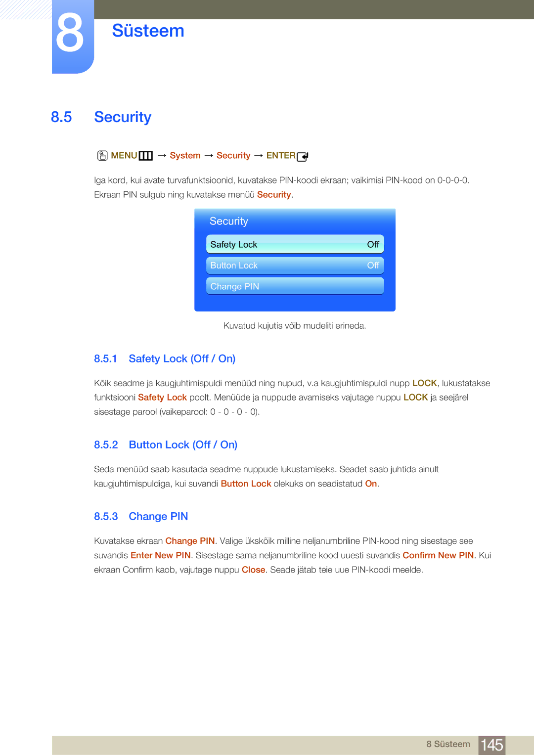 Samsung LH40MDBPLGC/EN manual Safety Lock Off / On, Button Lock Off / On, Change PIN, MENUm System Security Enter 