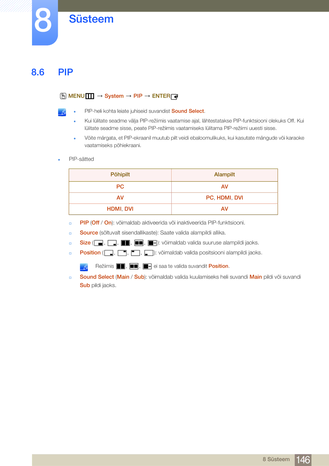 Samsung LH46MDBPLGC/EN, LH55MDBPLGC/EN, LH40MDBPLGC/EN, LH32MDBPLGC/EN manual Pip, MENUm System PIP Enter, Size, Position 