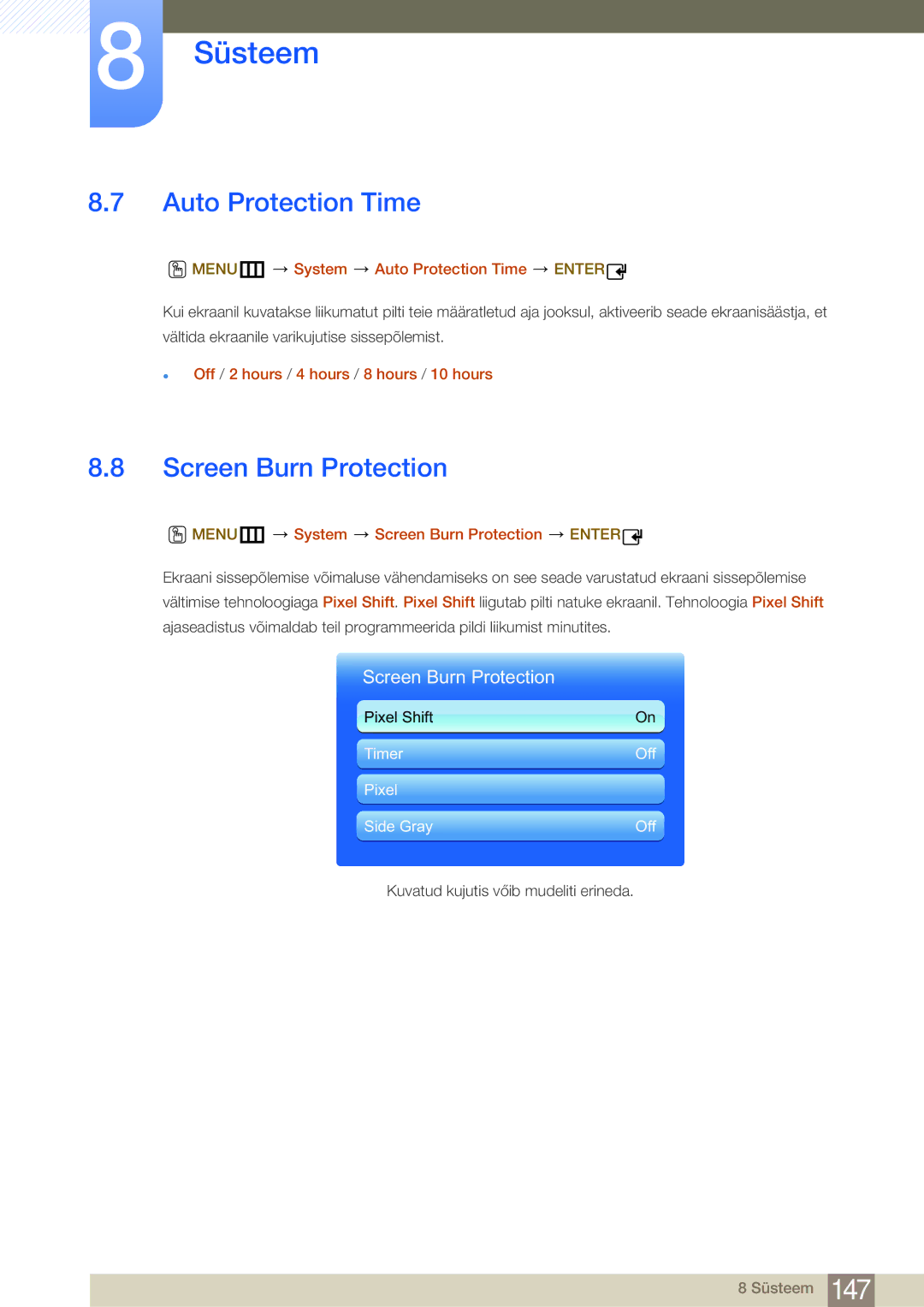 Samsung LH32MDBPLGC/EN, LH55MDBPLGC/EN, LH40MDBPLGC/EN Screen Burn Protection, MENUm System Auto Protection Time Enter 