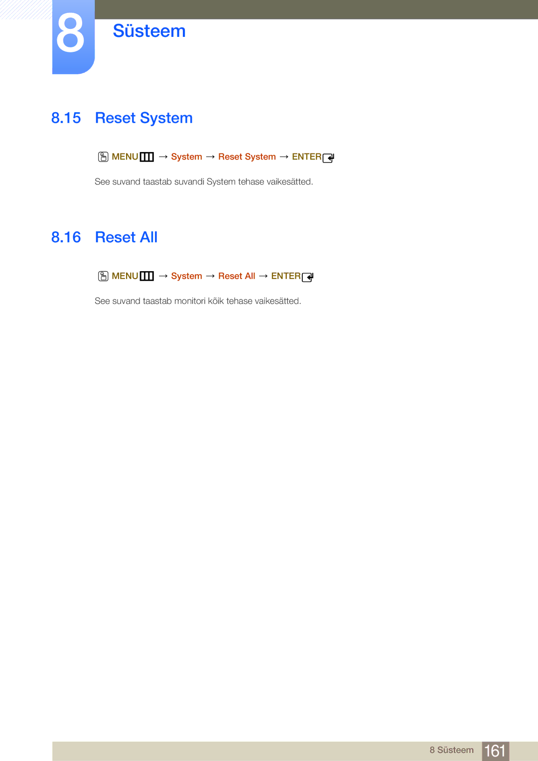 Samsung LH40MDBPLGC/EN, LH55MDBPLGC/EN manual MENUm System Reset System Enter, MENUm System Reset All Enter 