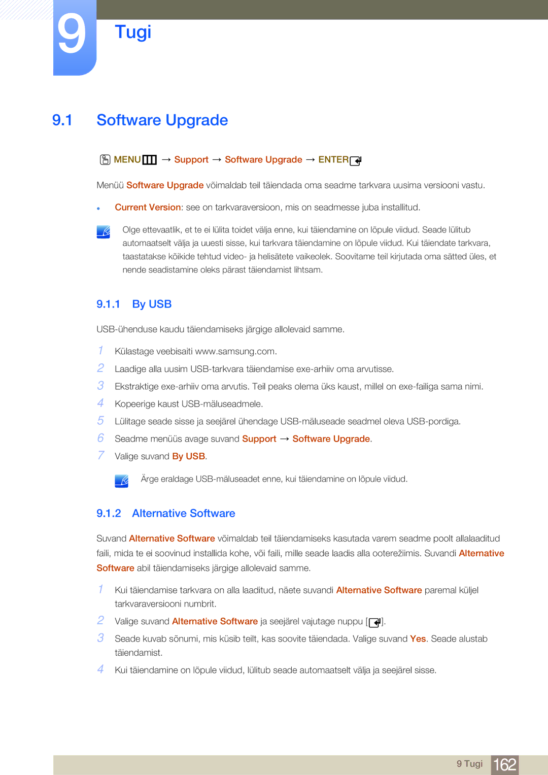 Samsung LH46MDBPLGC/EN, LH55MDBPLGC/EN manual Tugi, By USB, Alternative Software, MENUm Support Software Upgrade Enter 