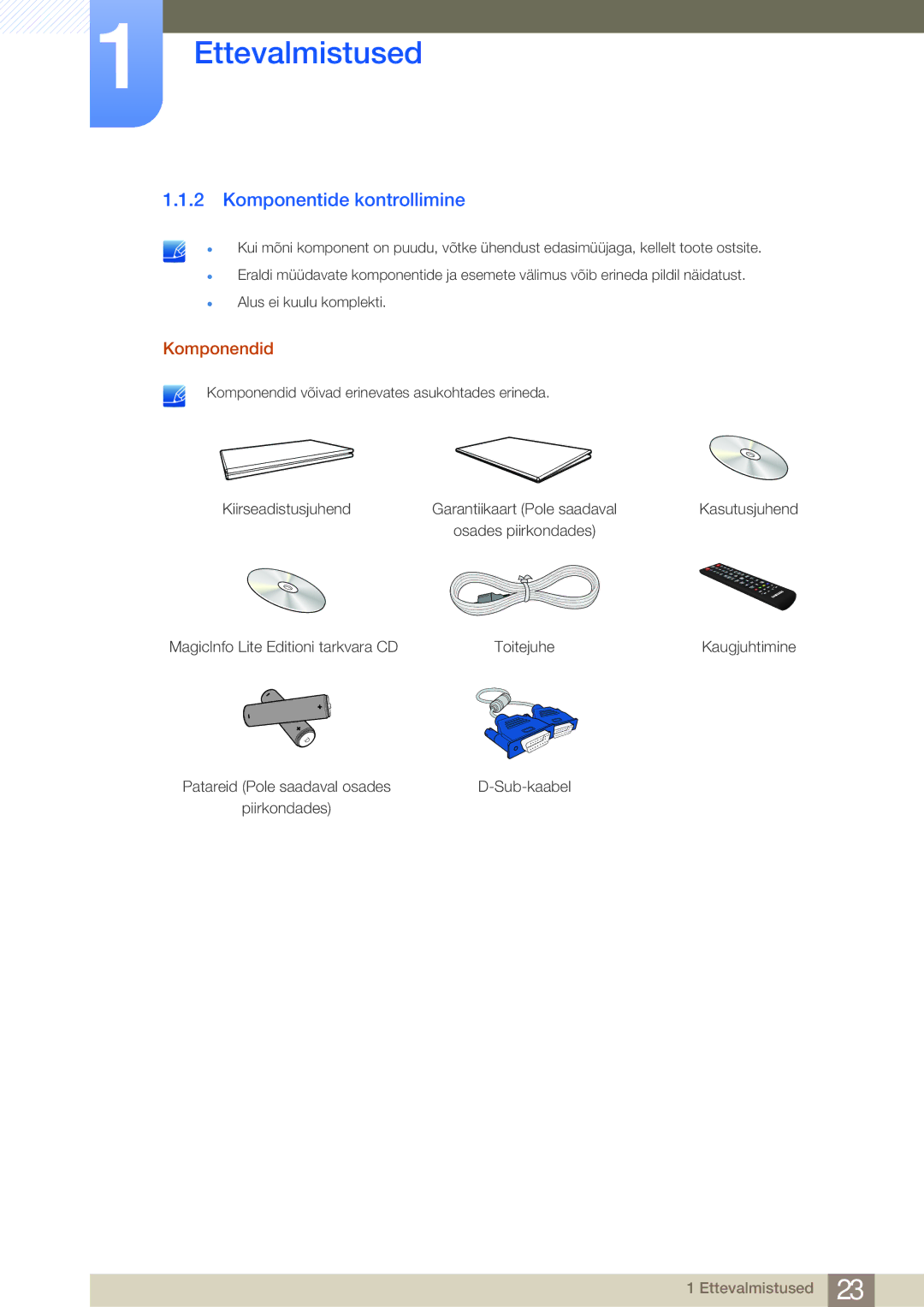 Samsung LH32MDBPLGC/EN, LH55MDBPLGC/EN, LH40MDBPLGC/EN, LH46MDBPLGC/EN manual Komponentide kontrollimine, Komponendid 