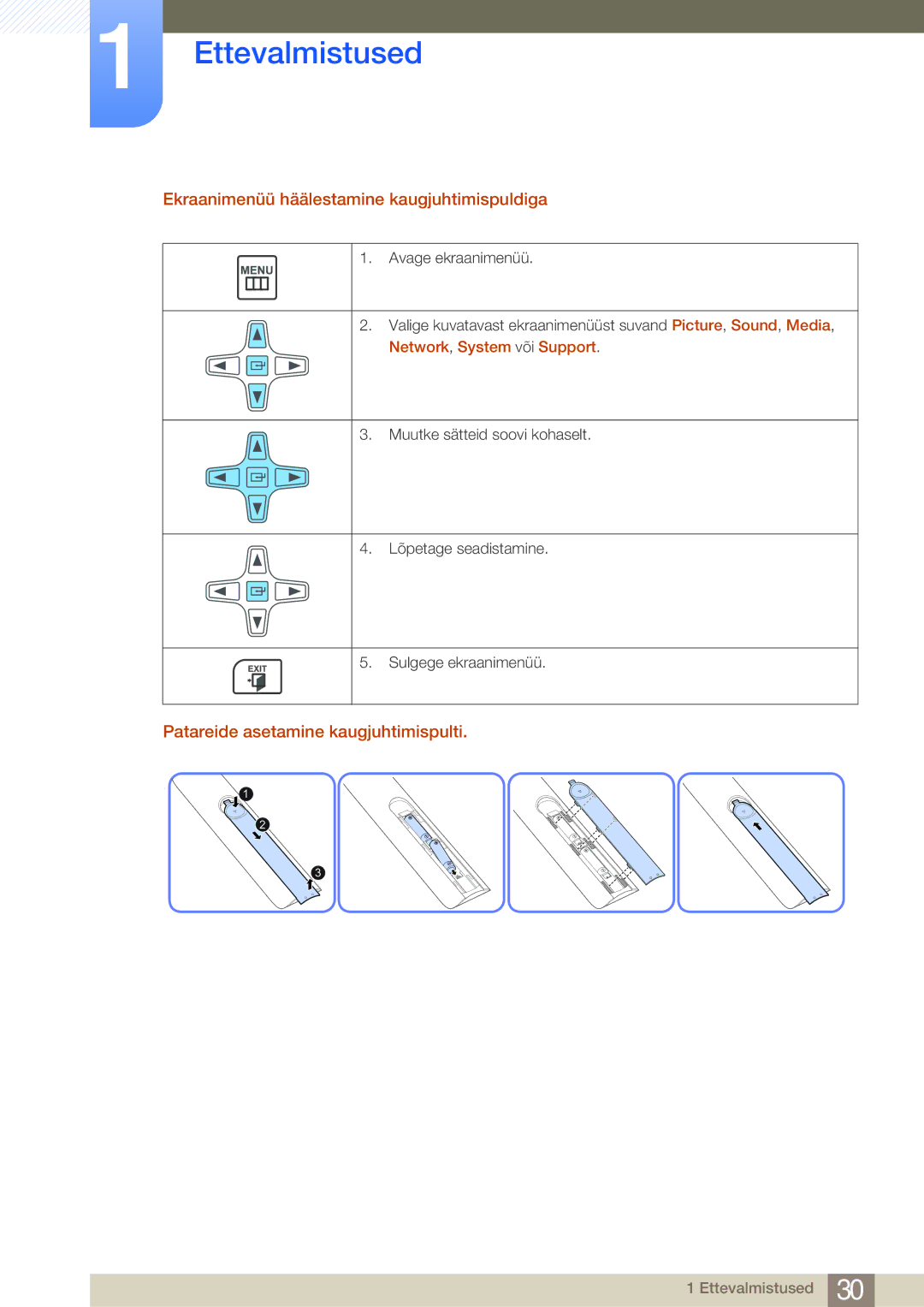 Samsung LH46MDBPLGC/EN manual Ekraanimenüü häälestamine kaugjuhtimispuldiga, Patareide asetamine kaugjuhtimispulti 