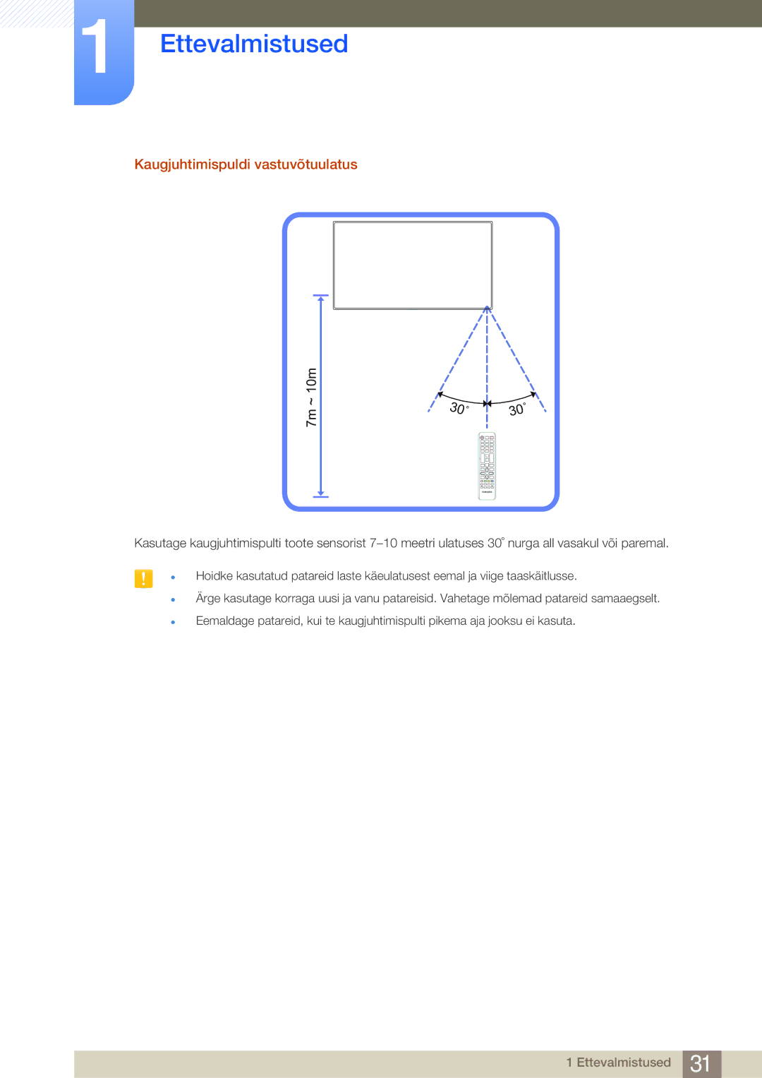 Samsung LH32MDBPLGC/EN, LH55MDBPLGC/EN, LH40MDBPLGC/EN, LH46MDBPLGC/EN manual Kaugjuhtimispuldi vastuvõtuulatus, 7m ~ 10m 