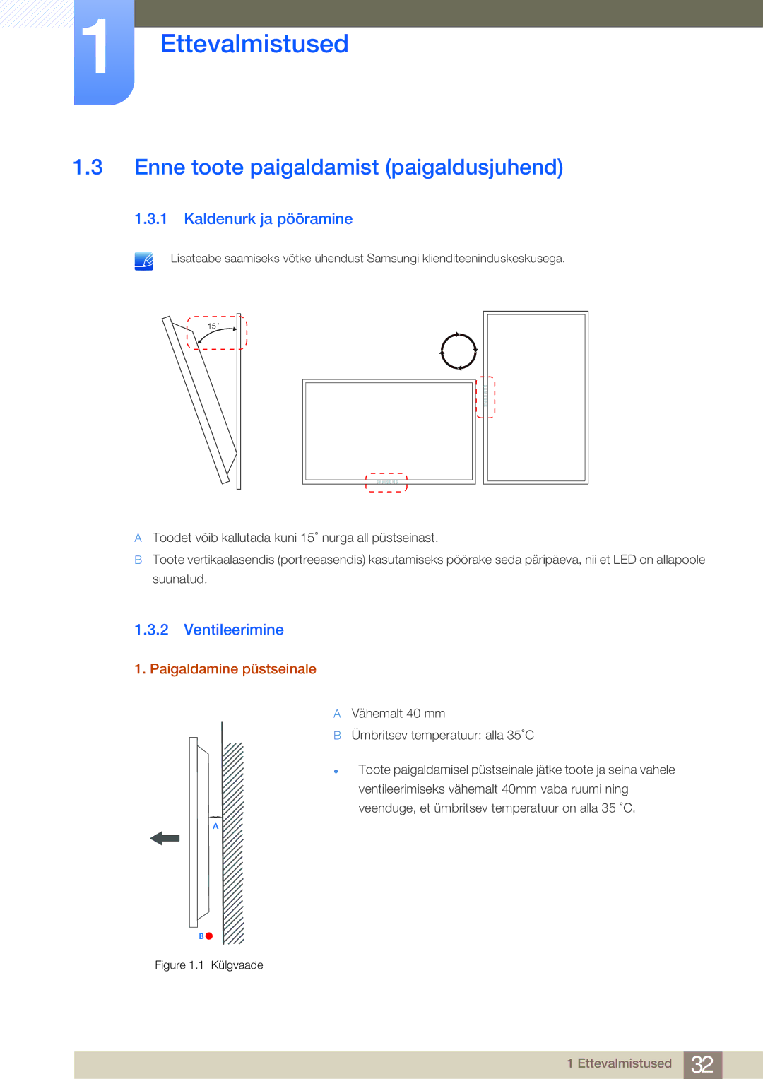 Samsung LH55MDBPLGC/EN, LH40MDBPLGC/EN Enne toote paigaldamist paigaldusjuhend, Kaldenurk ja pööramine, Ventileerimine 