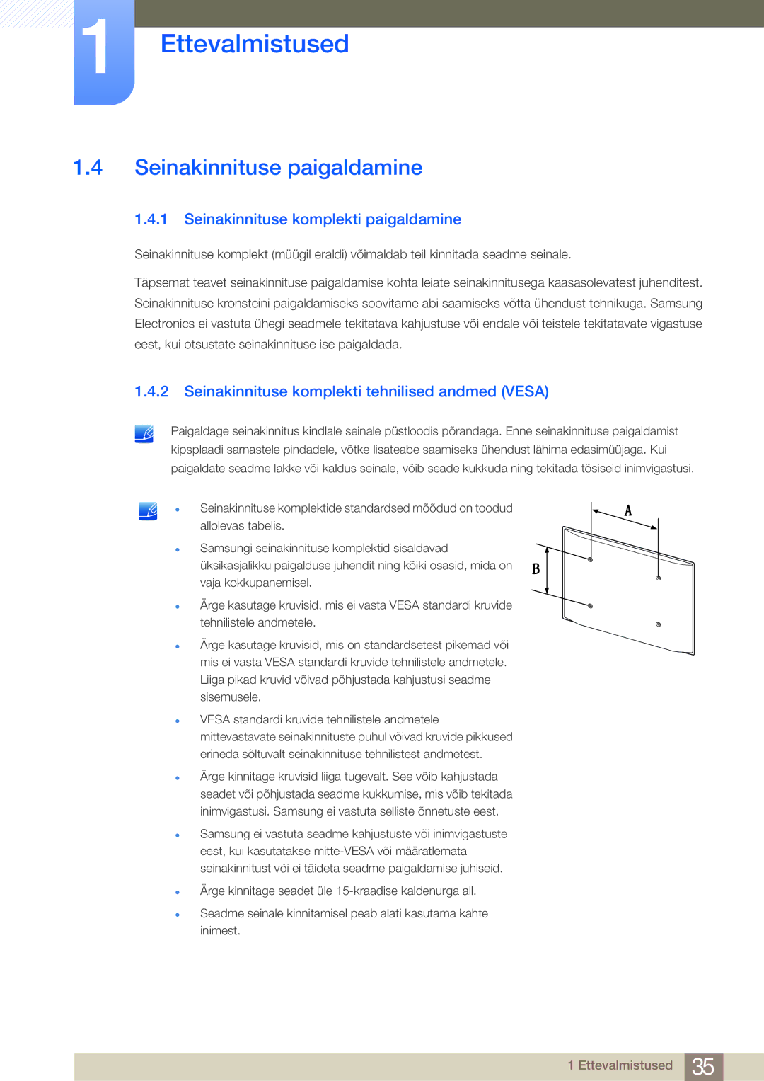 Samsung LH32MDBPLGC/EN, LH55MDBPLGC/EN, LH40MDBPLGC/EN Seinakinnituse paigaldamine, Seinakinnituse komplekti paigaldamine 