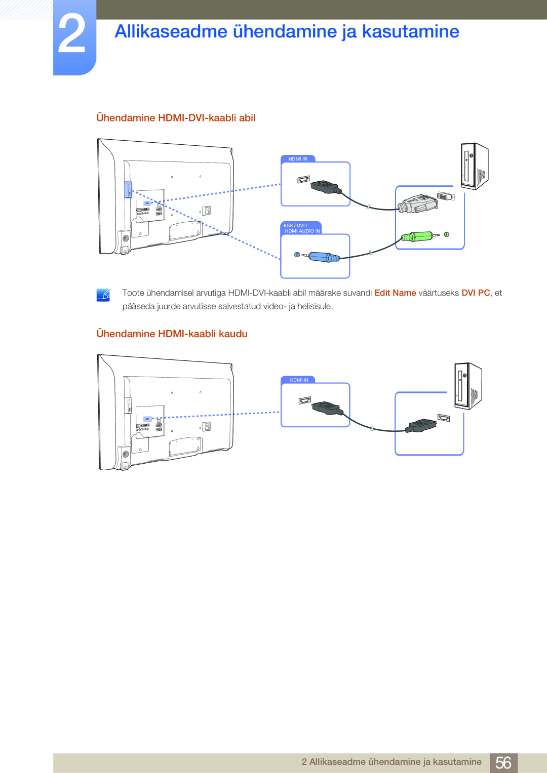 Samsung LH55MDBPLGC/EN, LH40MDBPLGC/EN, LH46MDBPLGC/EN manual Ühendamine HDMI-DVI-kaabli abil, Ühendamine HDMI-kaabli kaudu 