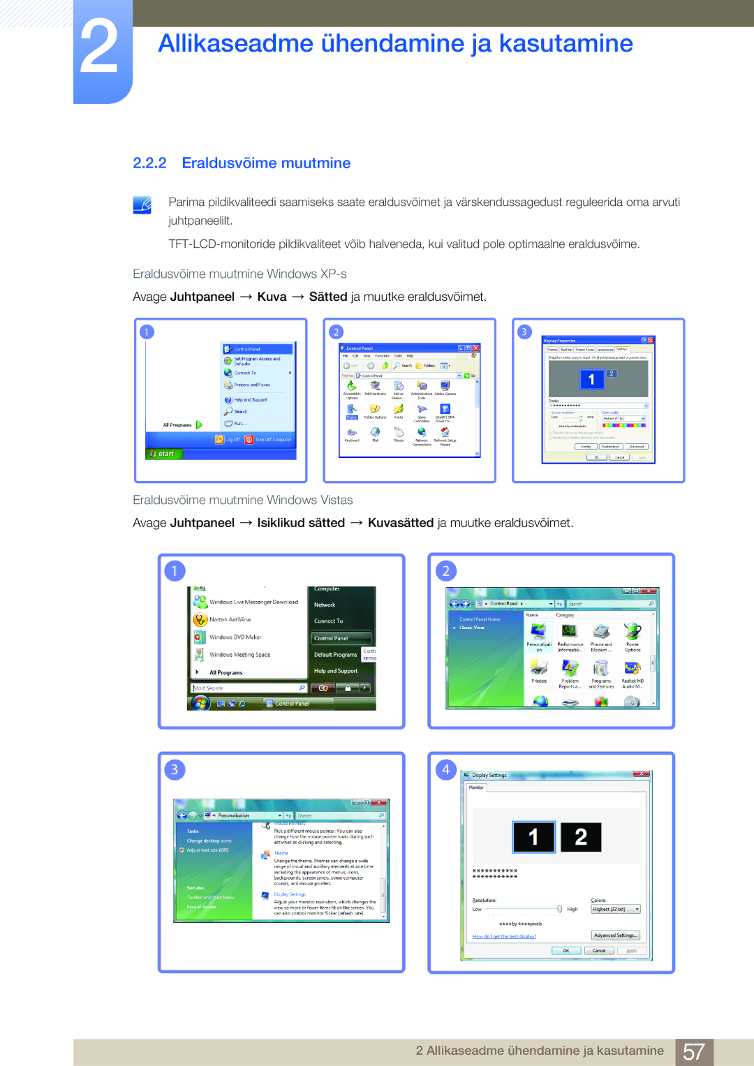 Samsung LH40MDBPLGC/EN, LH55MDBPLGC/EN manual Eraldusvõime muutmine Windows XP-s, Eraldusvõime muutmine Windows Vistas 