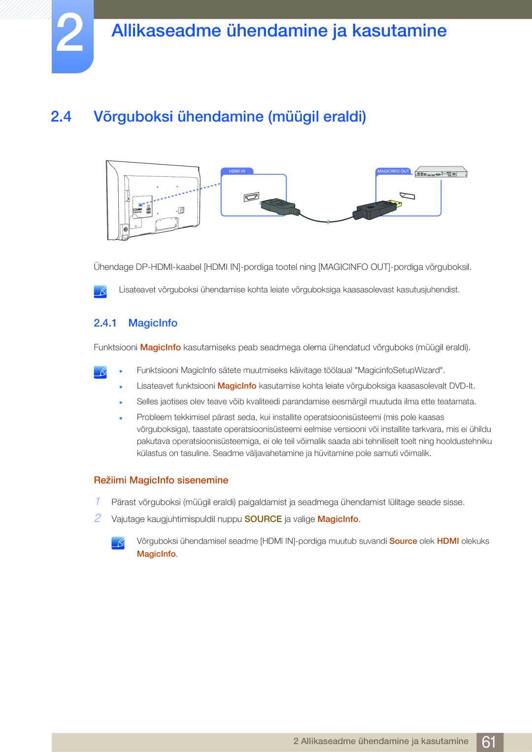 Samsung LH40MDBPLGC/EN, LH55MDBPLGC/EN manual Võrguboksi ühendamine müügil eraldi, Režiimi MagicInfo sisenemine 