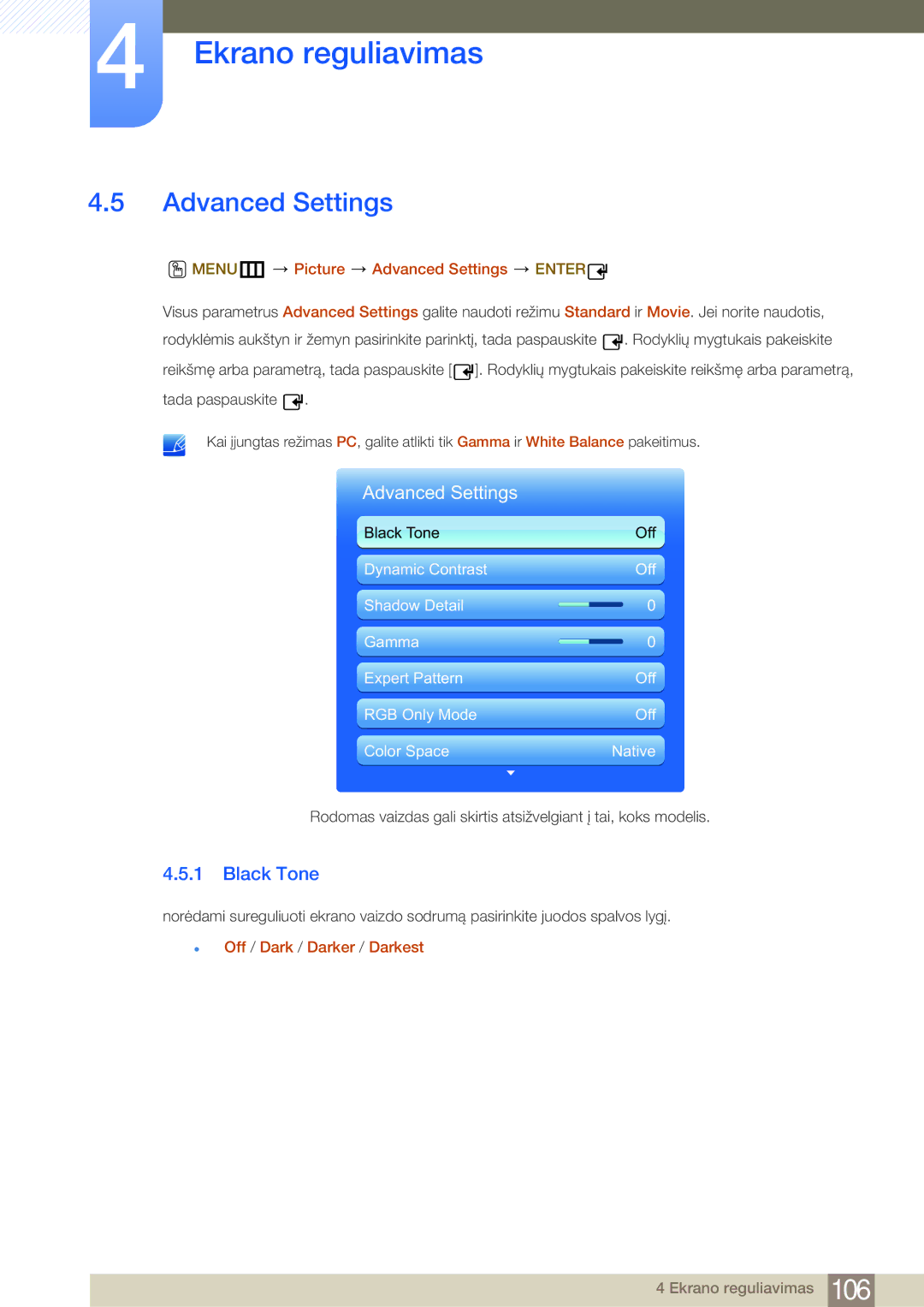 Samsung LH46MDBPLGC/EN manual Black Tone, MENUm Picture Advanced Settings Enter,  Off / Dark / Darker / Darkest 