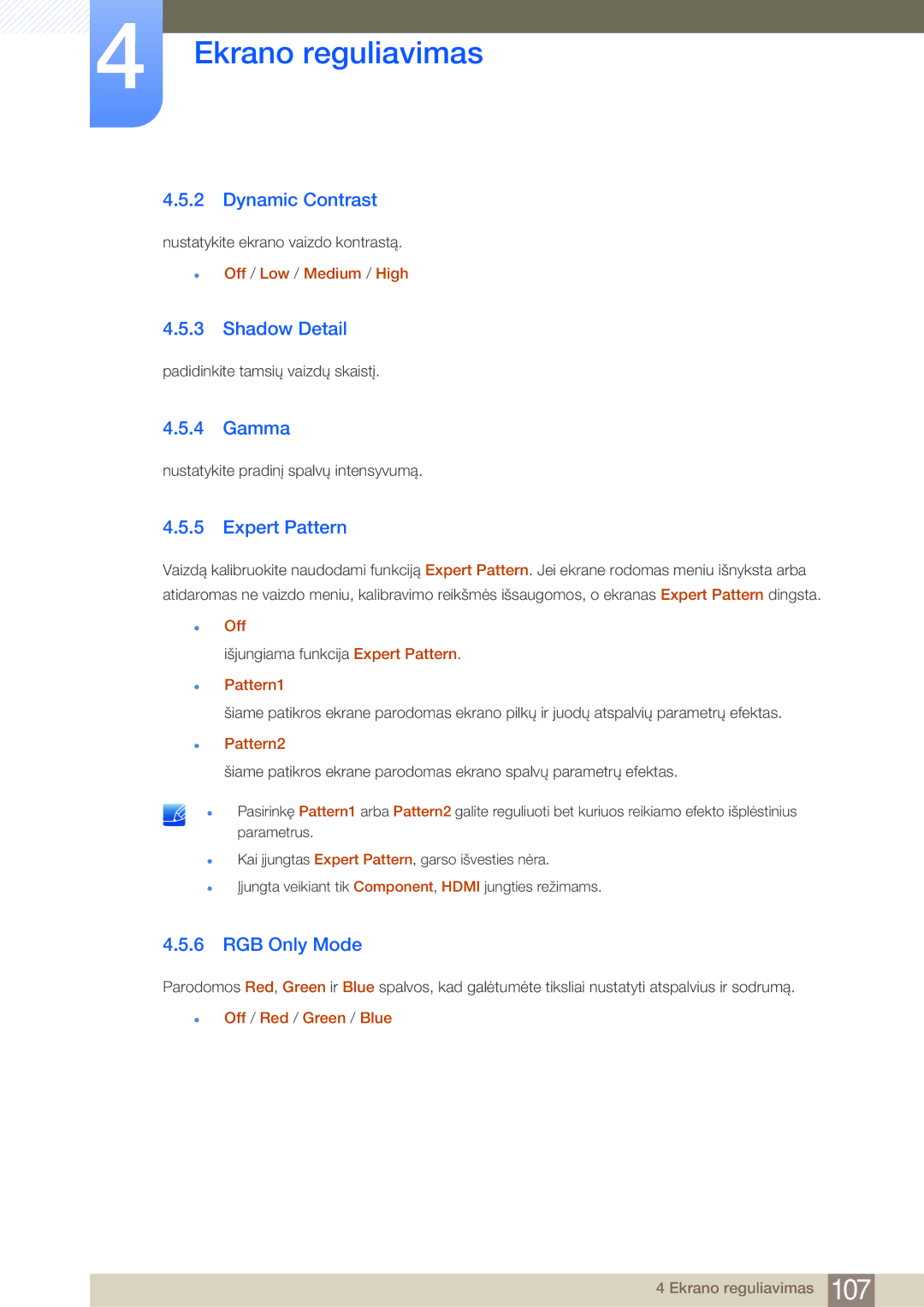 Samsung LH32MDBPLGC/EN, LH55MDBPLGC/EN manual Dynamic Contrast, Shadow Detail, Gamma, Expert Pattern, RGB Only Mode 