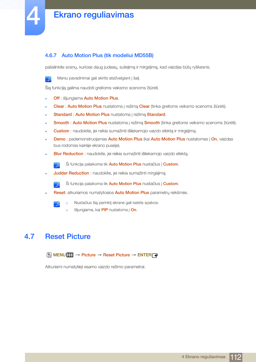 Samsung LH55MDBPLGC/EN manual Reset Picture, Auto Motion Plus tik modeliui MD55B,  Off išjungiama Auto Motion Plus 