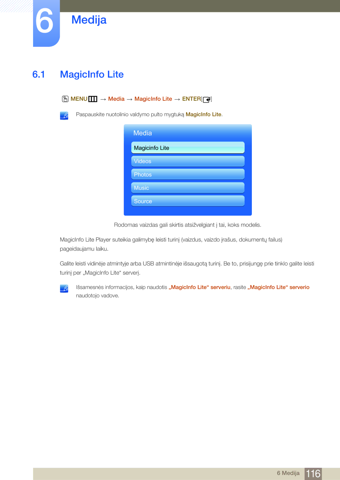 Samsung LH55MDBPLGC/EN, LH40MDBPLGC/EN, LH46MDBPLGC/EN, LH32MDBPLGC/EN manual Medija, MENUm Media MagicInfo Lite Enter 