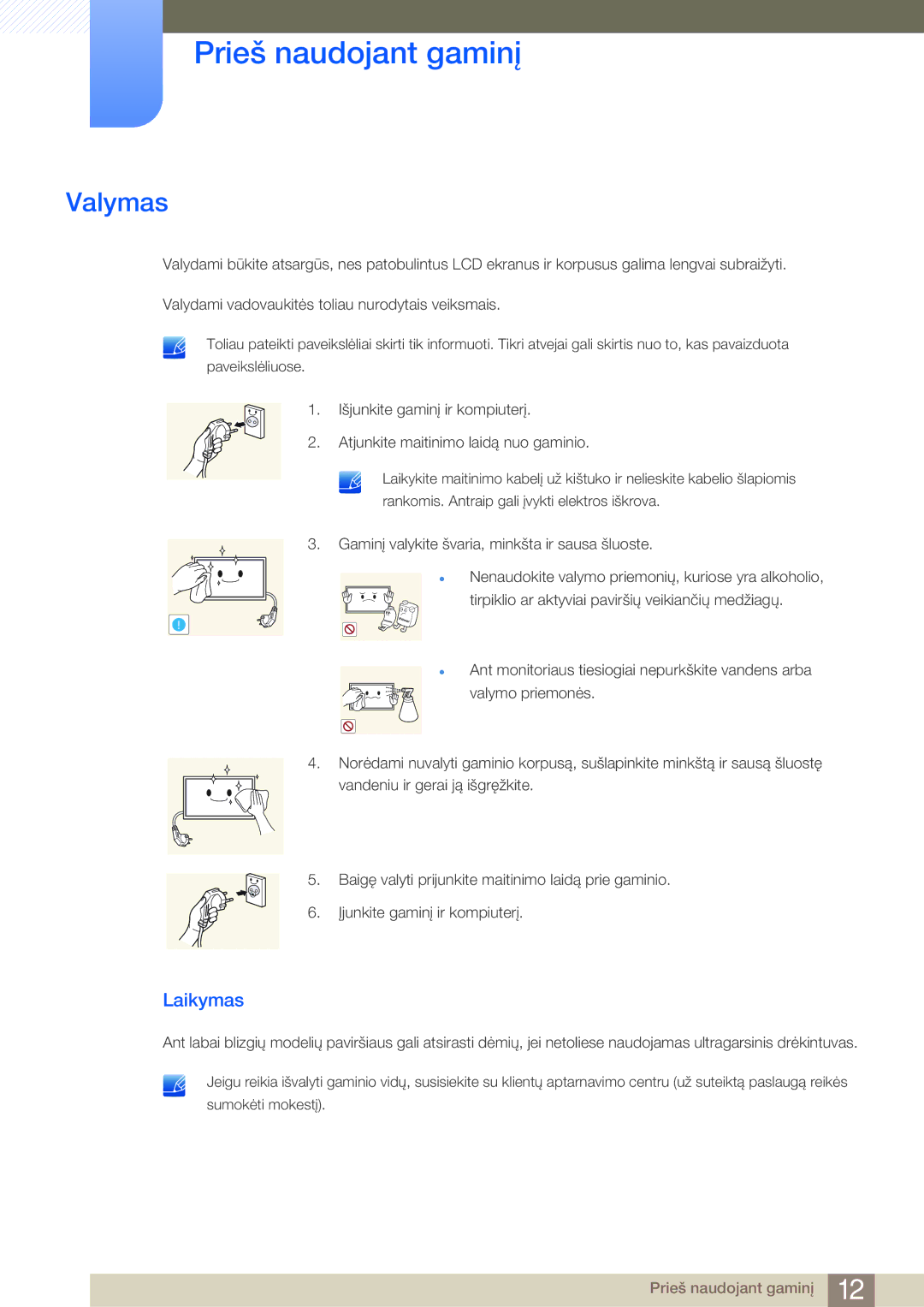 Samsung LH55MDBPLGC/EN, LH40MDBPLGC/EN, LH46MDBPLGC/EN, LH32MDBPLGC/EN manual Valymas, Laikymas 