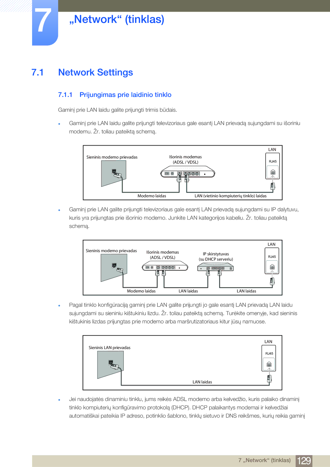 Samsung LH40MDBPLGC/EN, LH55MDBPLGC/EN, LH46MDBPLGC/EN „Network tinklas, Network Settings, Prijungimas prie laidinio tinklo 