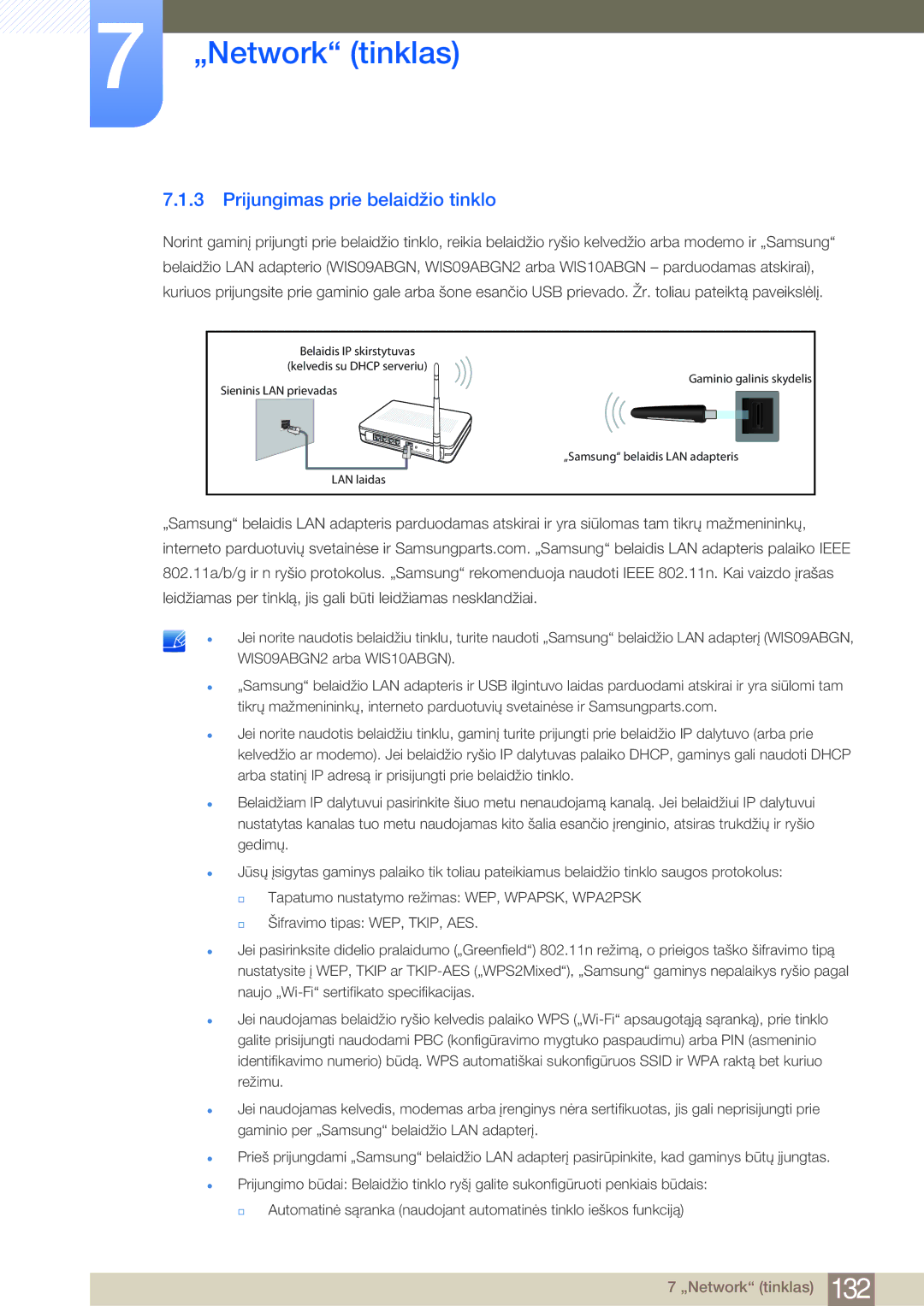 Samsung LH55MDBPLGC/EN, LH40MDBPLGC/EN, LH46MDBPLGC/EN, LH32MDBPLGC/EN manual Prijungimas prie belaidžio tinklo 